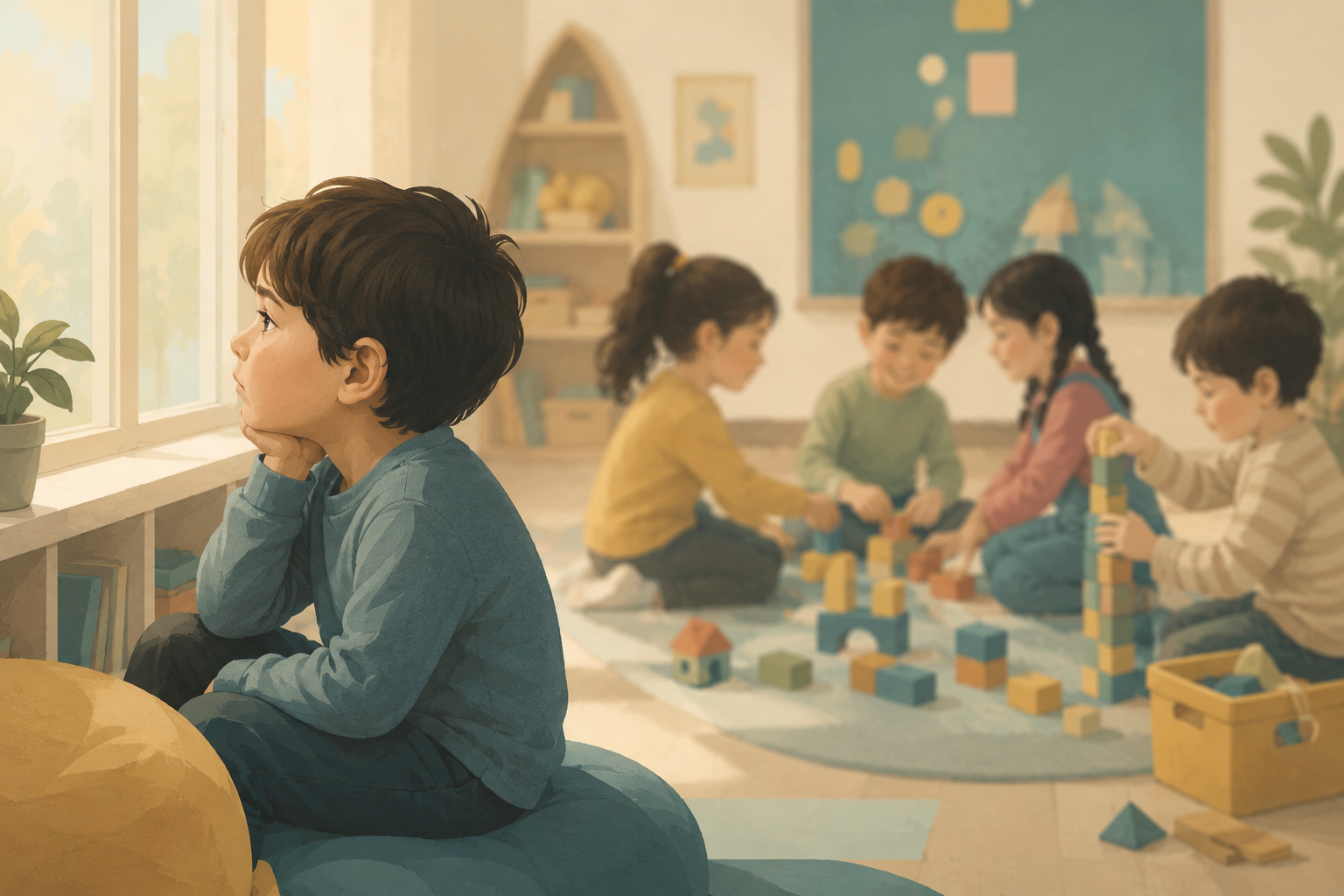 Neurodivergent child sitting apart from classmates, looking thoughtful — understanding neurodivergence in children