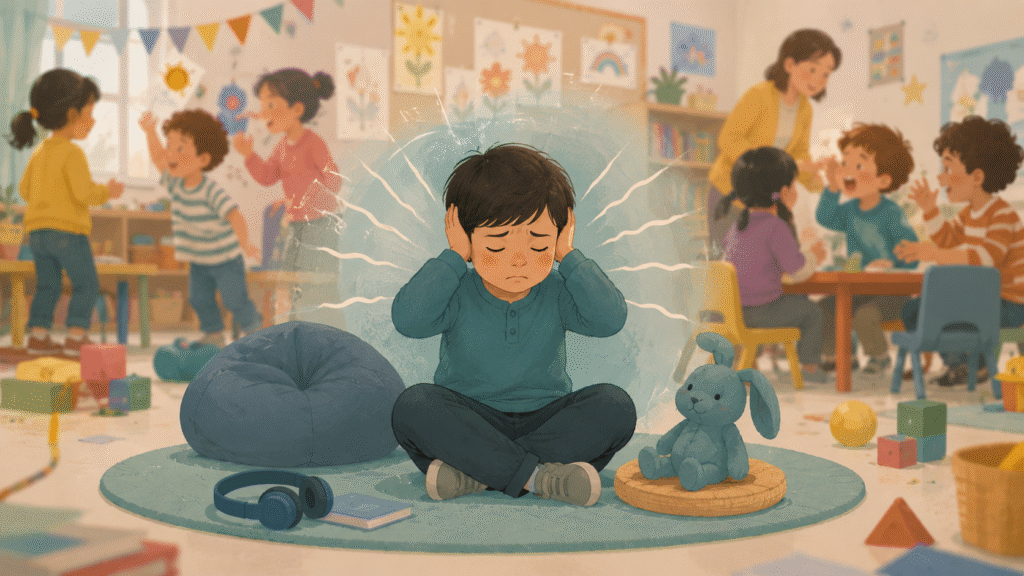 Child covering ears during sensory overload in a classroom — recognizing signs of autism in children