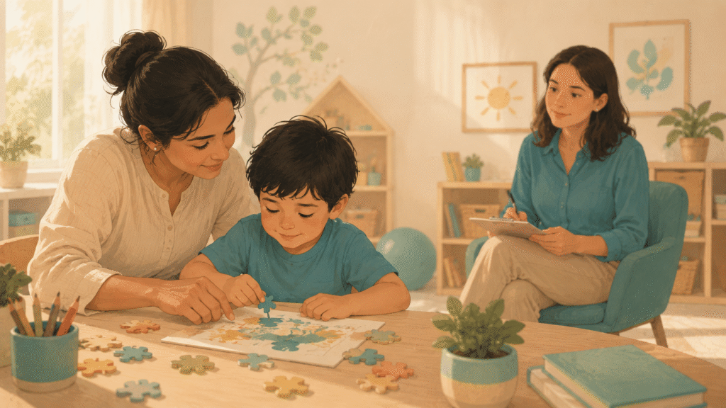 Parent and child engaged in early intervention activity for autism support